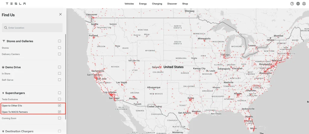 Tesla Supercharger map showing charging stations available for non-Tesla EVs, including Honda Prologue, equipped with Magic Dock compatibility.