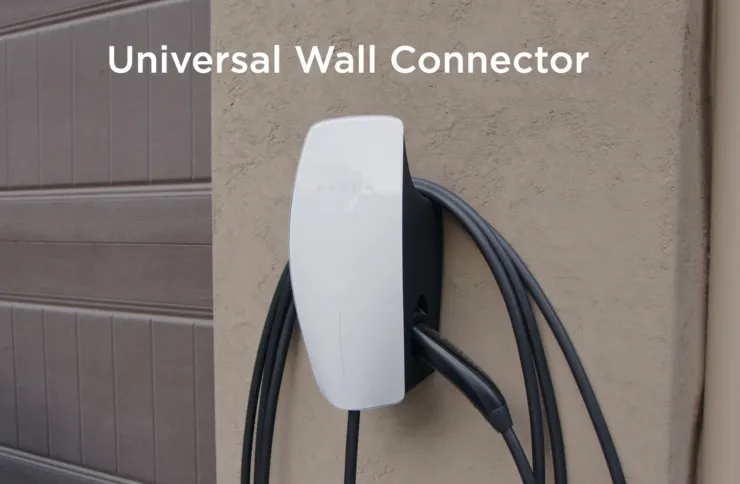 Tesla Universal Wall Charger capable of charging both Tesla vehicles and non-Tesla EVs using J1772 or NACS adapters.